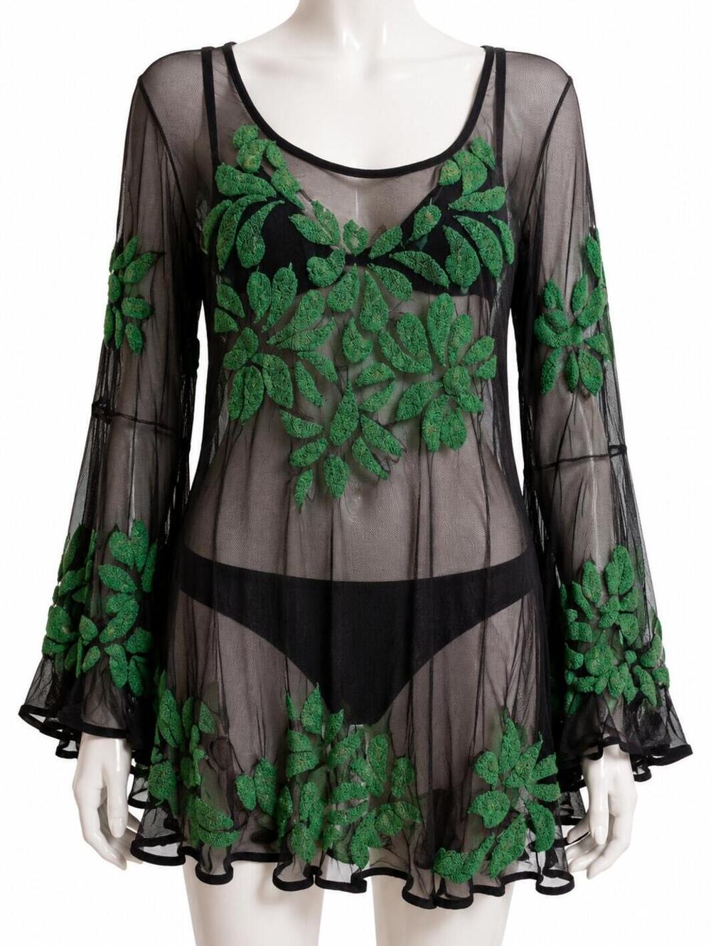 A.BRAND Sheer Floral Embroidered Mesh Tunic Top Black Green Boho - XS